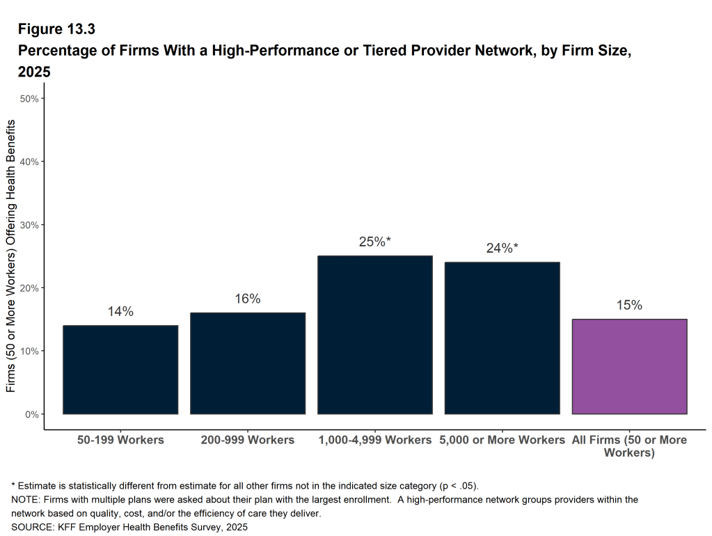 Figure 13.3: Percentage of Firms With a High-Performance or Tiered Provider Network, by Firm Size, 2025